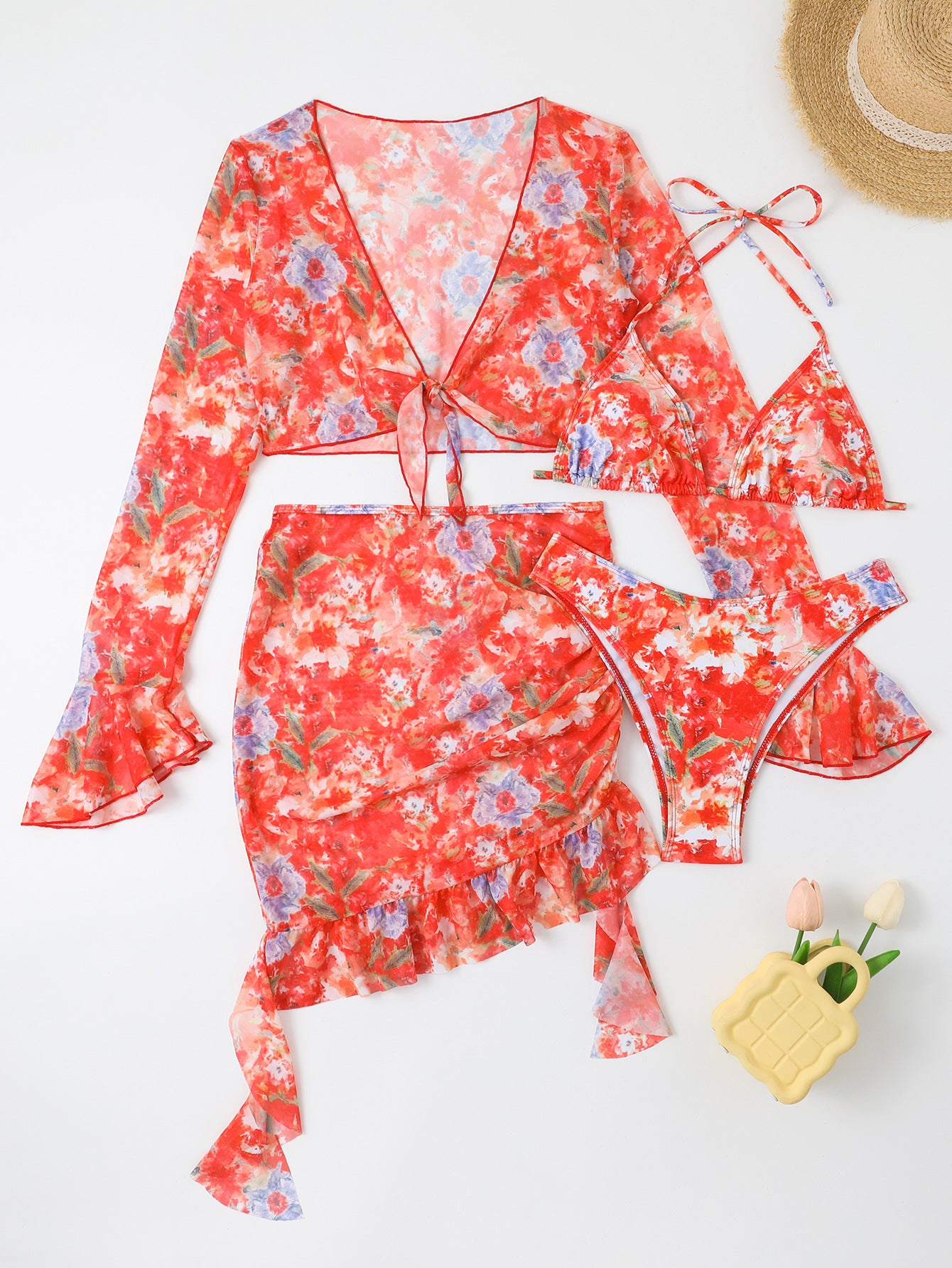 Women’s swimwear set with floral cover-up and triangle bikini Ivyshape