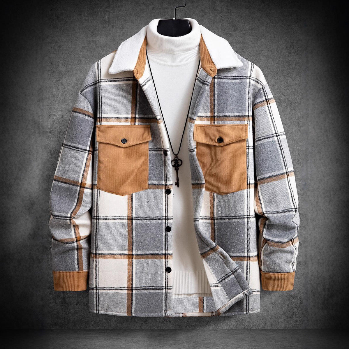 Men's check flannel jacket with two chest pockets and soft collar Ivyshape
