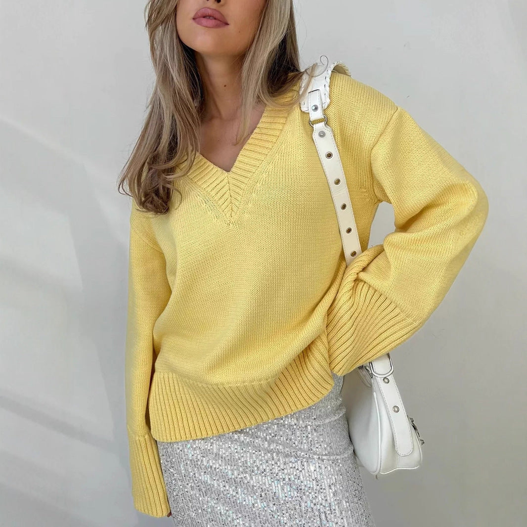 Women casual V-neck sweater with textured texture Ivyshape