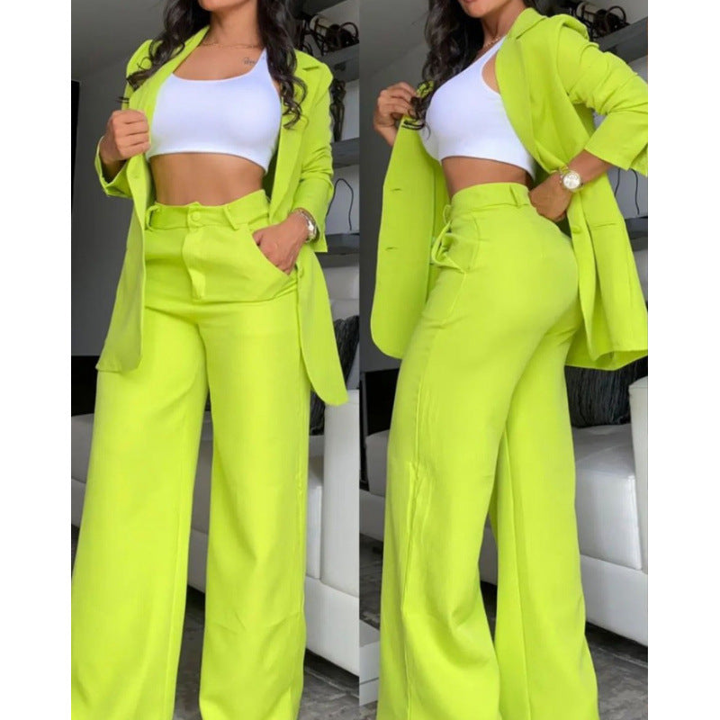 Ladies Elegant Two-Piece Set with Wide Leg Trousers and Tailored Blazer Ivyshape