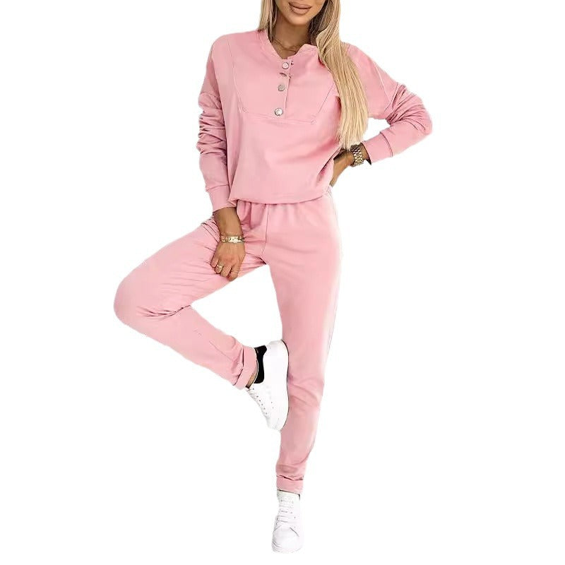 Ladies leisure jogging suit with elegant button details Ivyshape