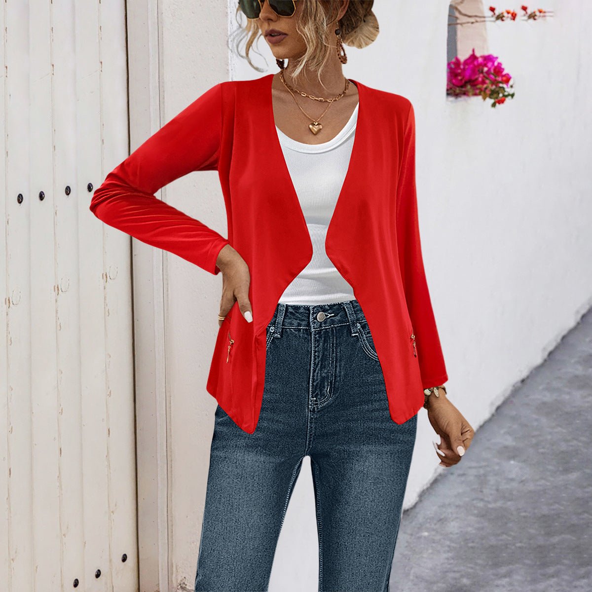 Ladies elegant jersey jacket with asymmetrical cut and subtle shine Ivyshape