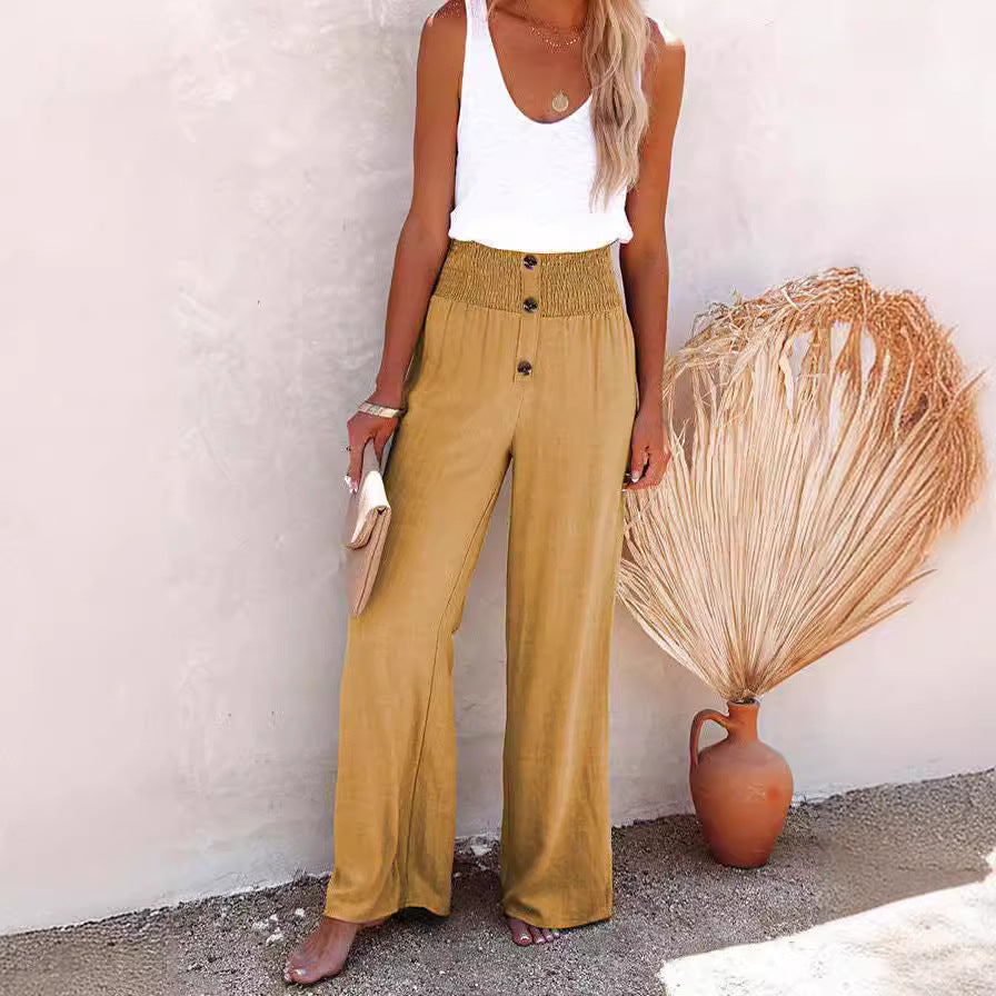 Ladies Wide High Waist Pants with Decorative Buttons Ivyshape