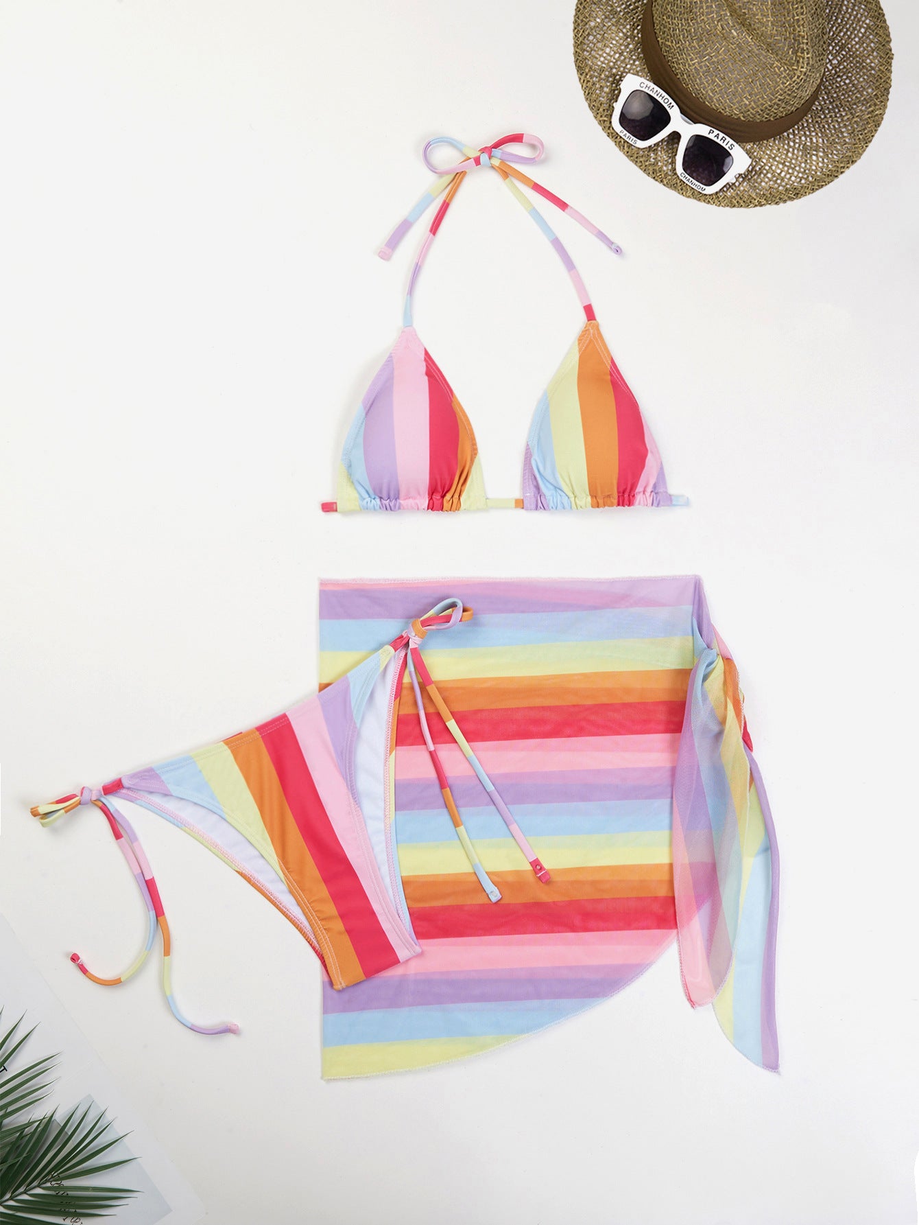 Women's triangle bikini set with fashionable pattern and elegant pareo Ivyshape