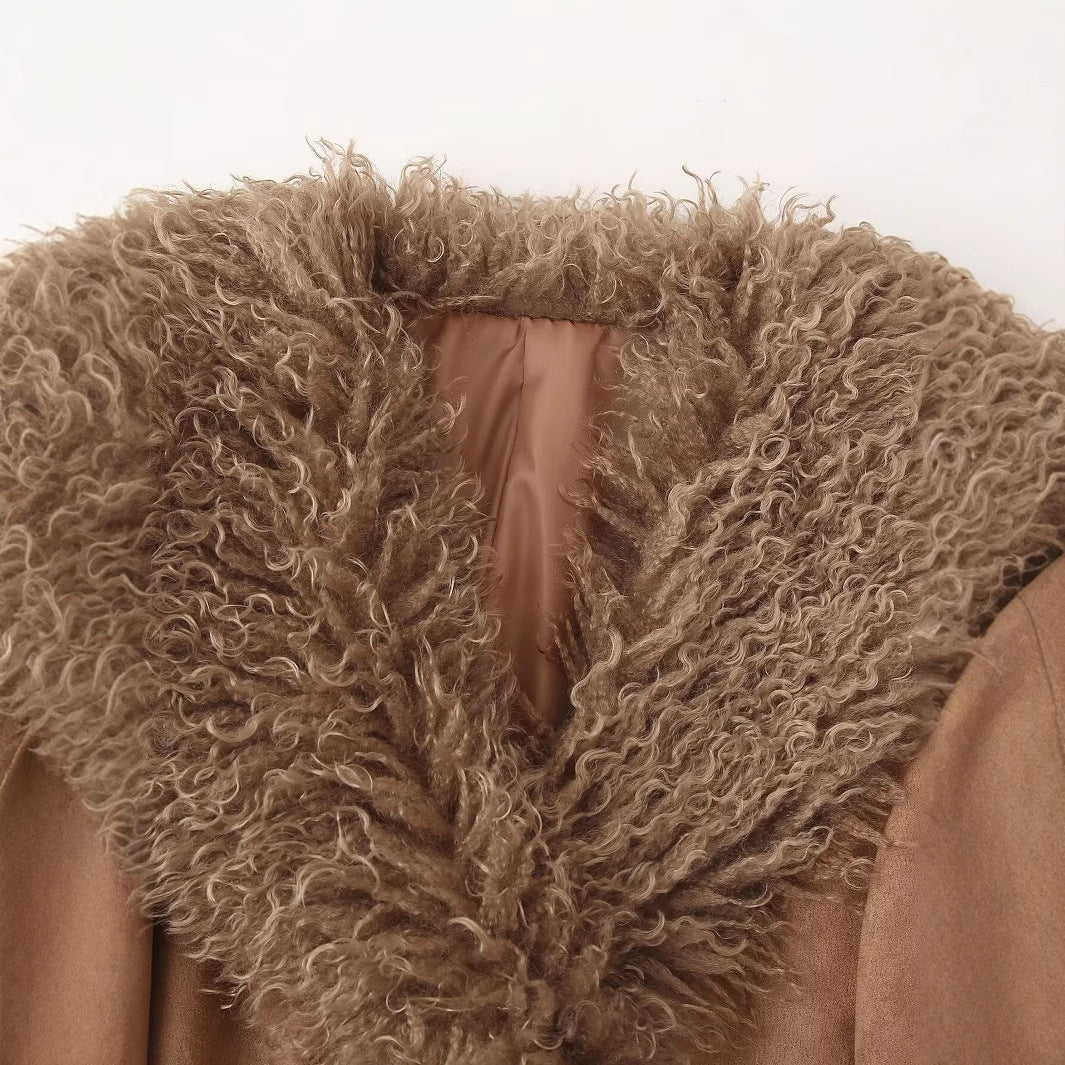 Women Elegant Teddy Jacket with Waist Belt and Voluminous Collar Ivyshape