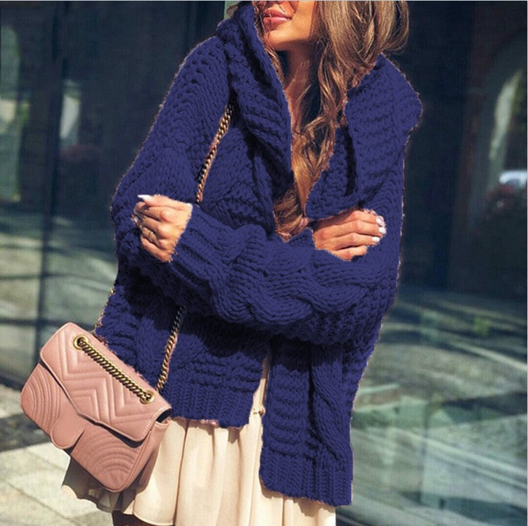 Women's chunky knit cardigan in a casual oversized style with shawl collar and large pockets Ivyshape