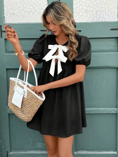 Ladies Summer Formal Dress with Bow Neckline and Puff Sleeves Ivyshape