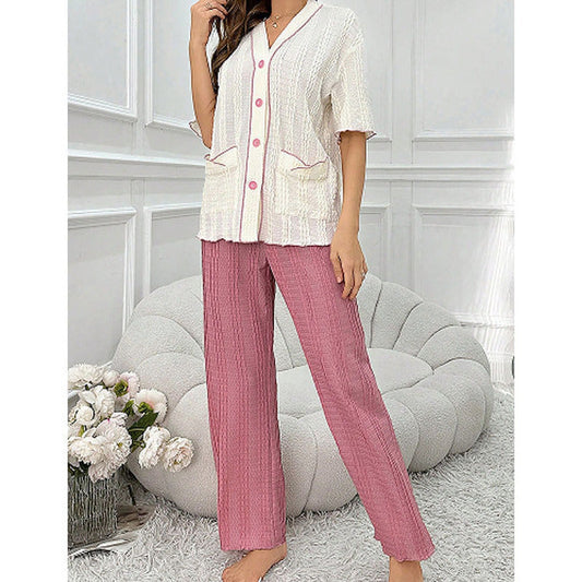 IvyShape | V-Neck Single-Breasted Short Sleeve Pajamas Set