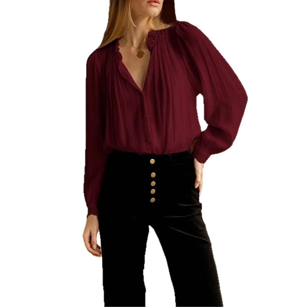 Women Chiffon blouse with romantic lace trims Ivyshape