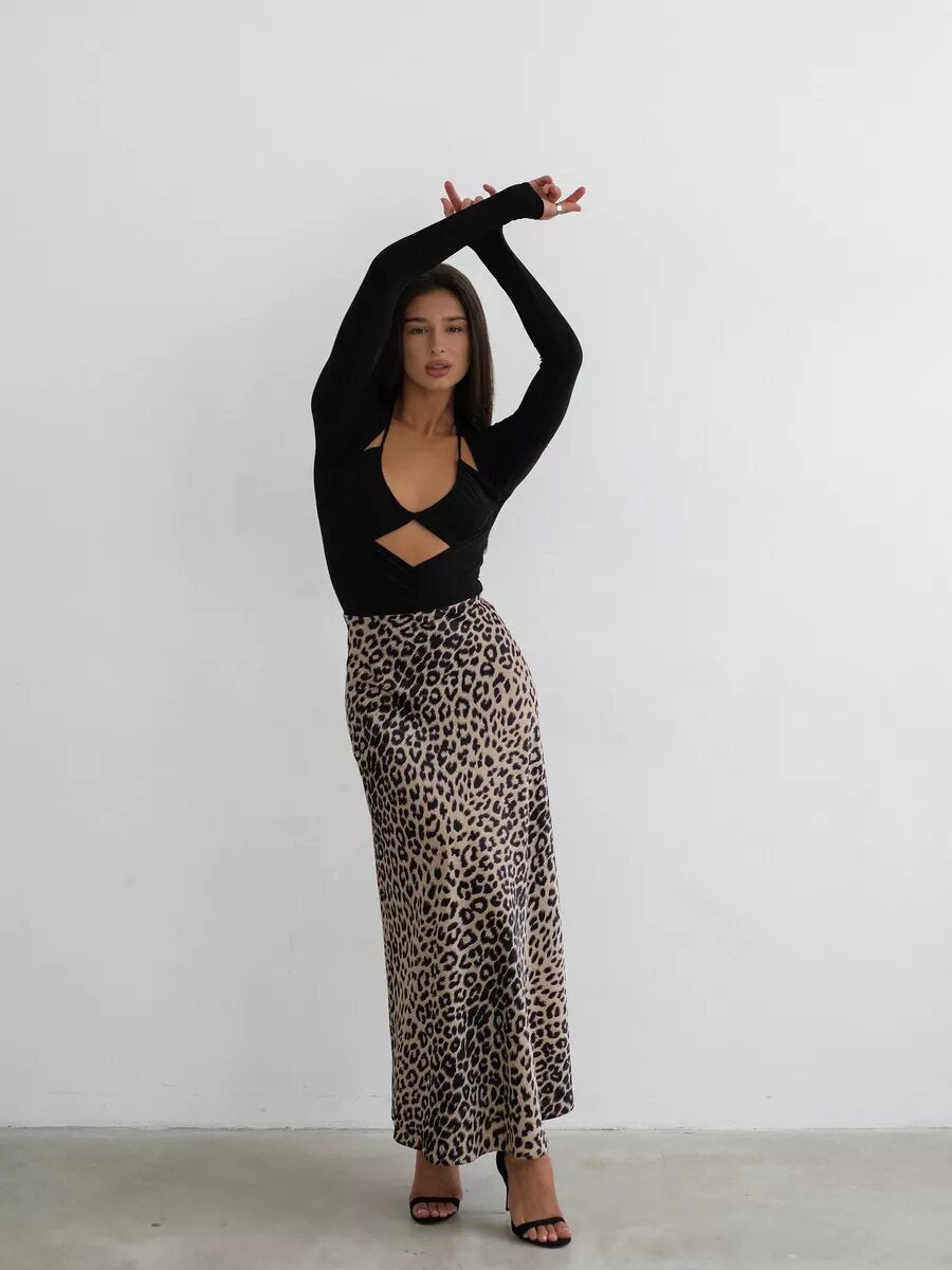 Ivyshape | Leopard Print Maxi Skirt with High Waist