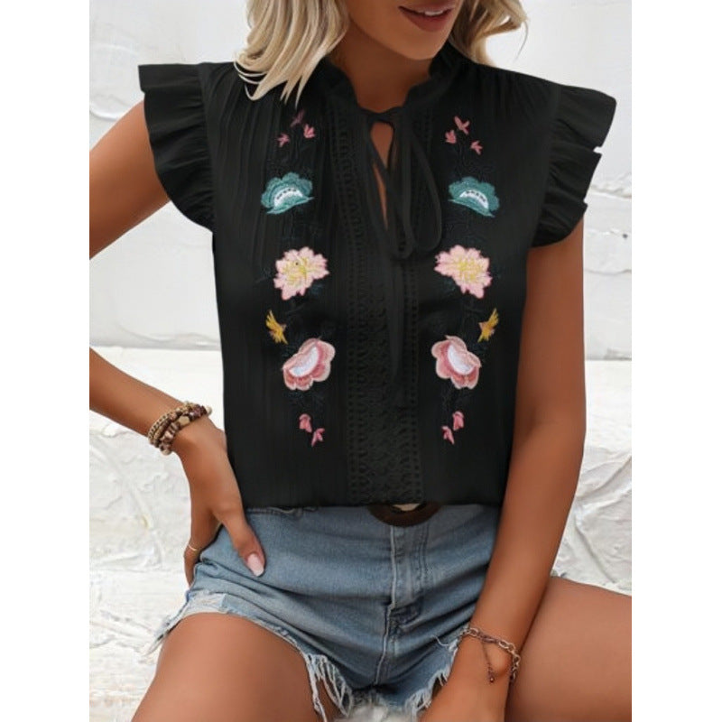 Ladies embroidered ruffle sleeve blouse Ivyshape