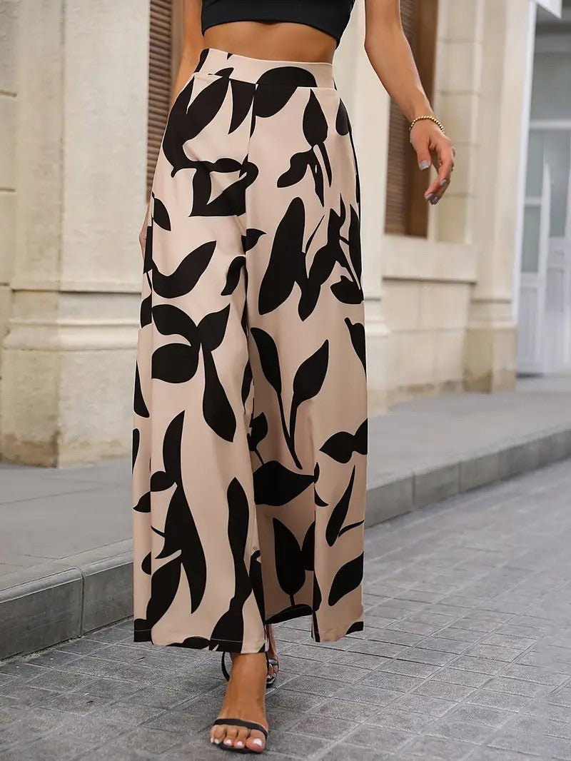 Women Wide Cut Palazzo Pants with Floral Pattern and Elegant Waistband Ivyshape