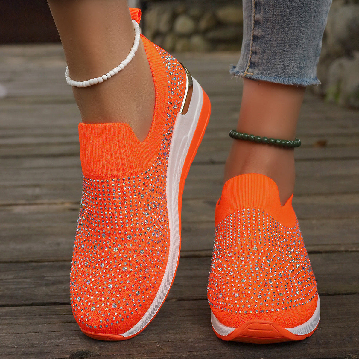Women Elegant Slip-On Sneakers with rhinestone-embellished details and non-slip sole Ivyshape