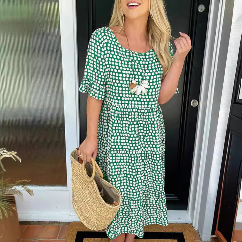 Women's Summer Midi Dress with Charming Dot Pattern and Elastic Waist Ivyshape