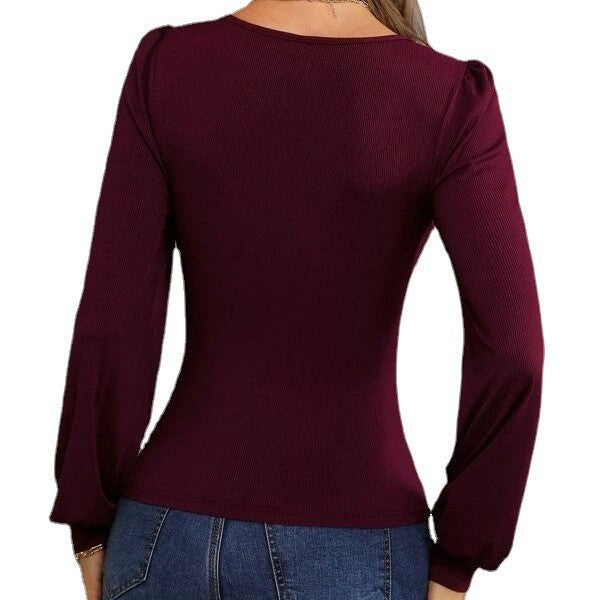Women's fitted long-sleeve shirt with V-neck and balloon sleeves Ivyshape
