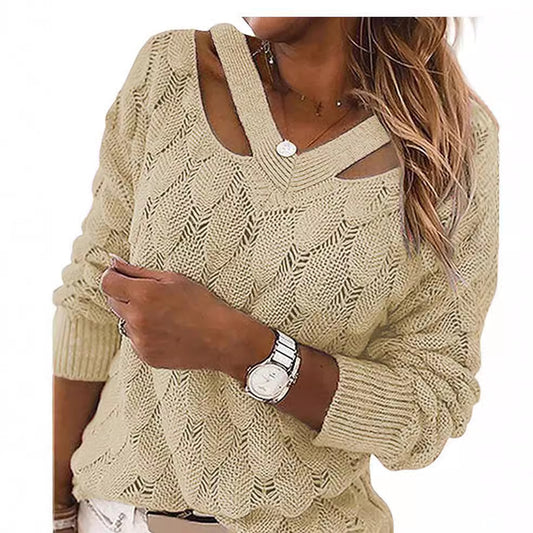 Women's casual knit sweater with V-neck and unique cut-out design Ivyshape