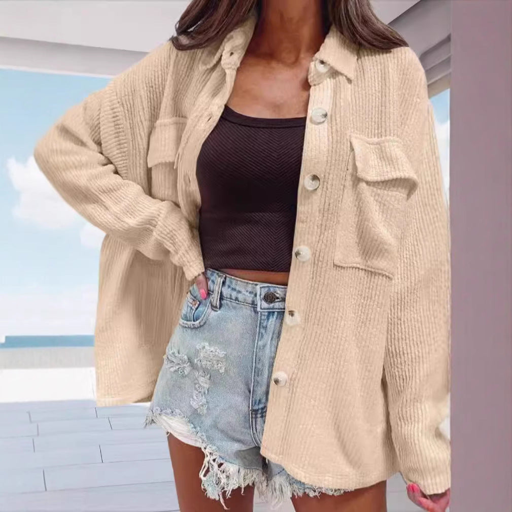 Women's casual oversized shirt blouse with textured design and practical pockets Ivyshape