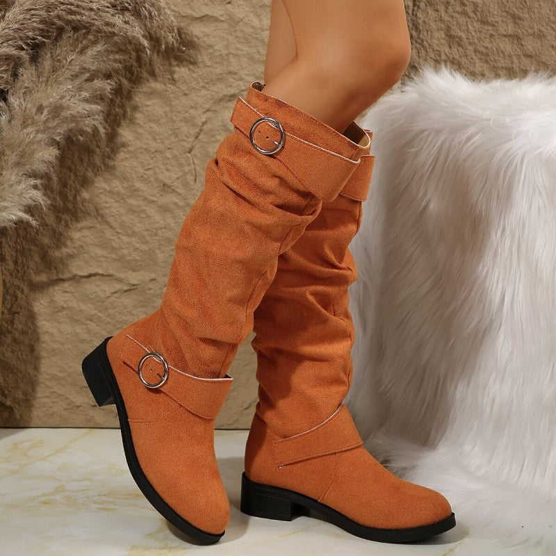 Ladies Stylish Overknee Boots with Fashionable Straps and Crumpled Design Ivyshape