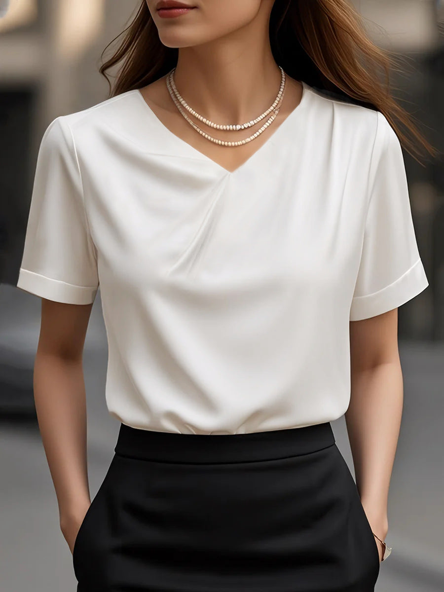 Women Elegant V-Neck Blouse Shirt with Short Sleeve Design Ivyshape