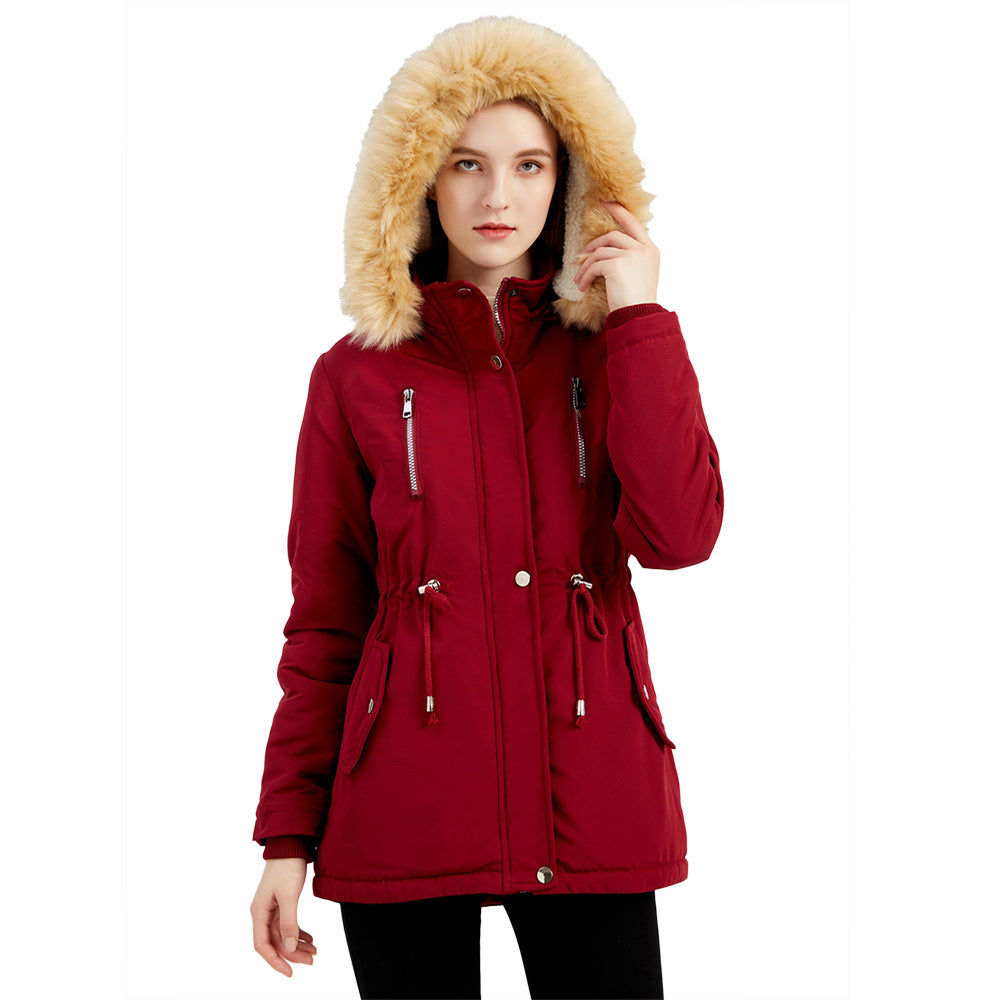 Women's fashionable outdoor jacket with removable faux fur collar and elastic waist drawstring Ivyshape