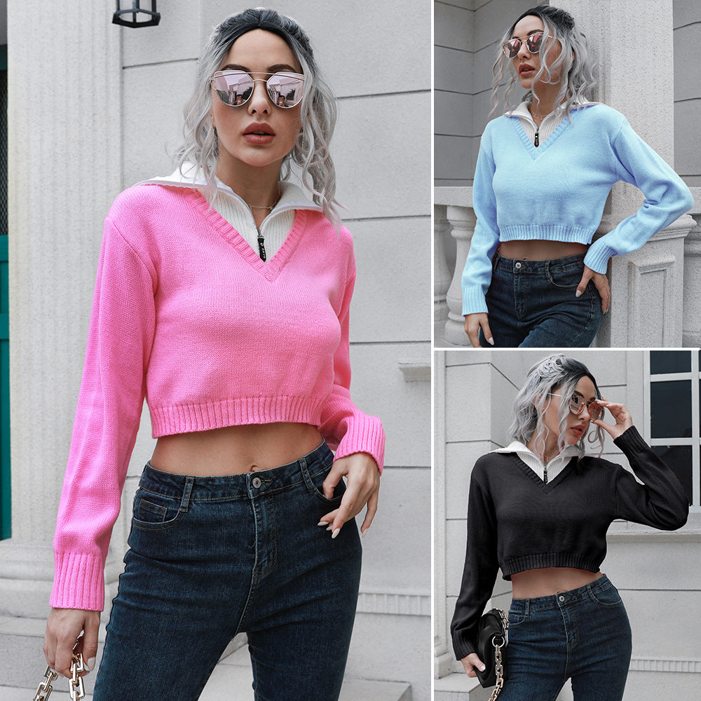 Women's Cropped Sweater with High Collar and Concealed Zipper Ivyshape