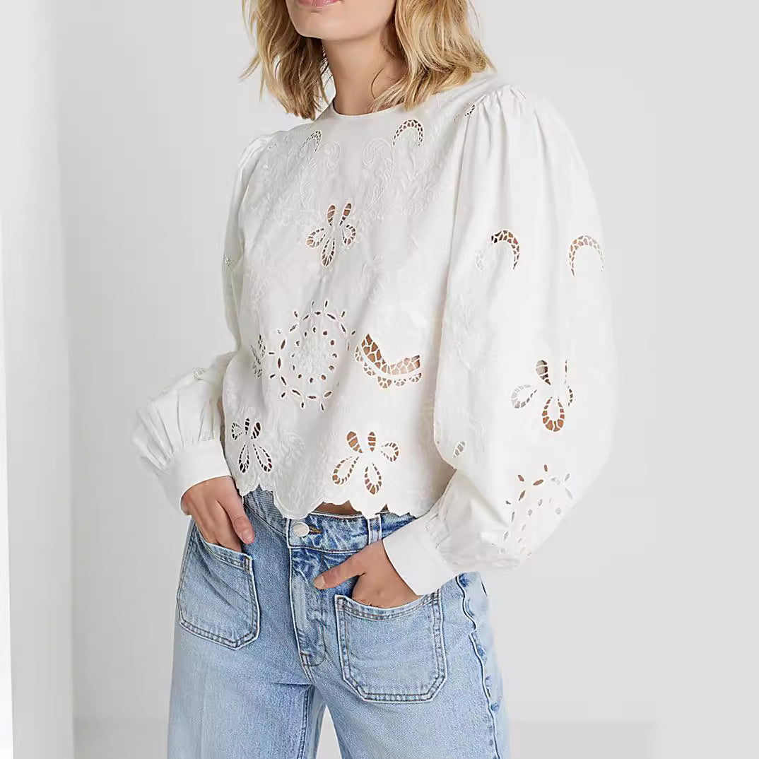 IvyShape | Women's Long Sleeve Lace Embroidery Hollow Elegant Top