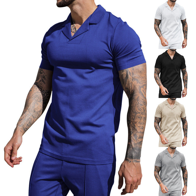 Men's short sleeve shirt with classic Henley neckline and textured surface Ivyshape