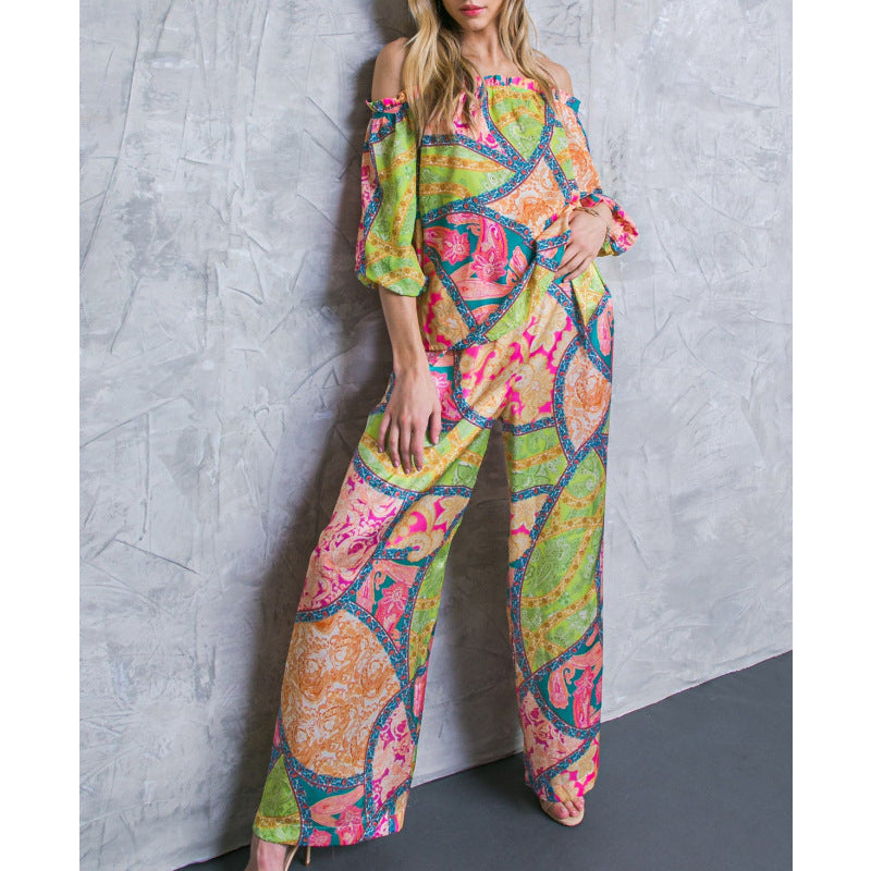 IvyShape | Printed Off-Shoulder Top High-Waisted Wide-Leg Pants Set