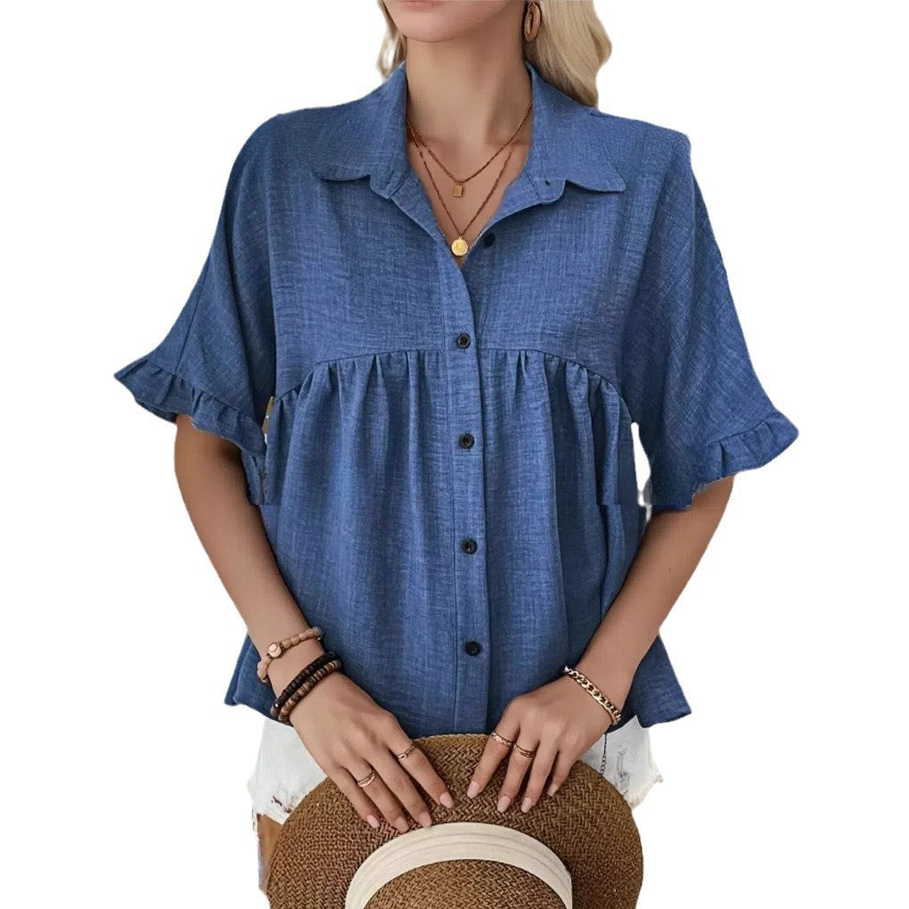 Women's Flowing Short Sleeve Blouse Shirt with Ruffle Details Ivyshape