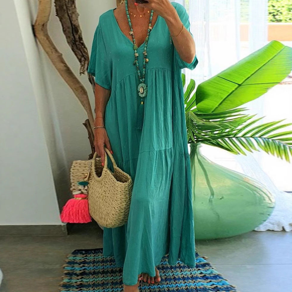 Women's airy boho maxi dress with flouncy hem and deep V-neck Ivyshape