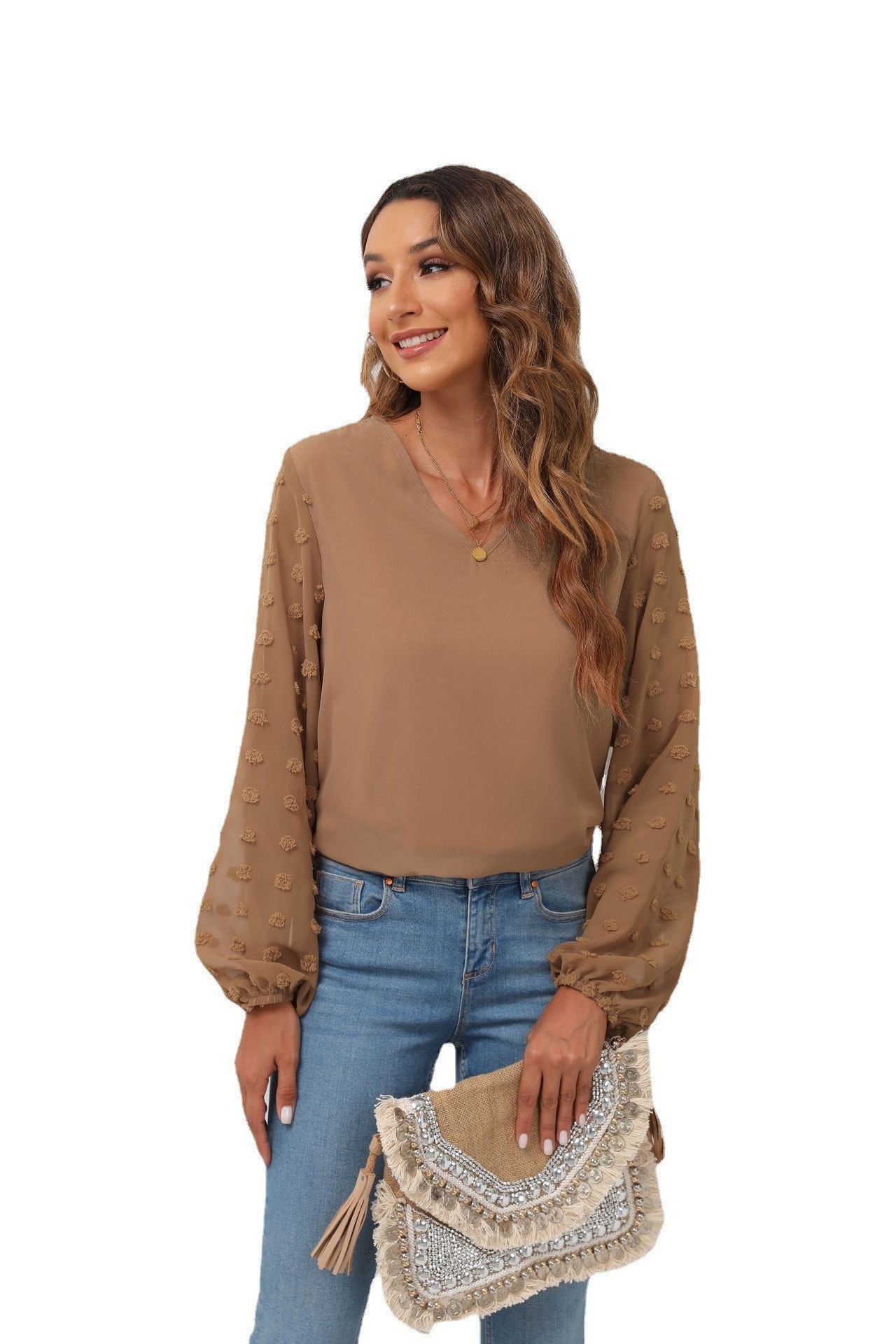 IvyShape | Chiffon Splicing Long Sleeve V-Neck Shirt Top