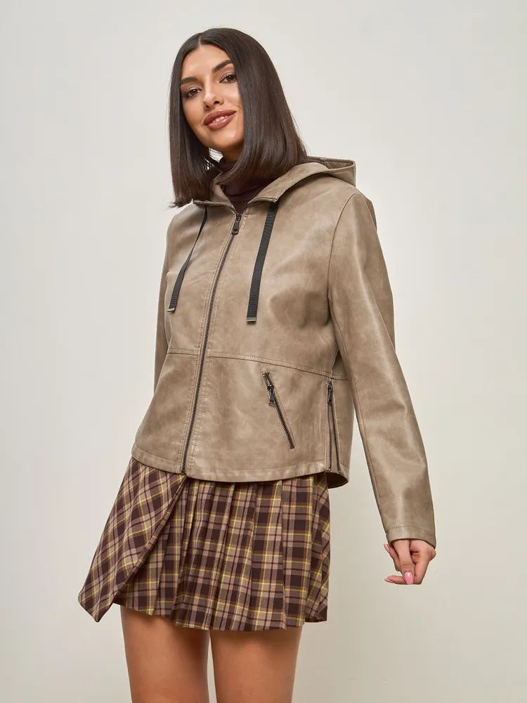 Women's fashionable faux leather jacket with hood and zip pockets Ivyshape