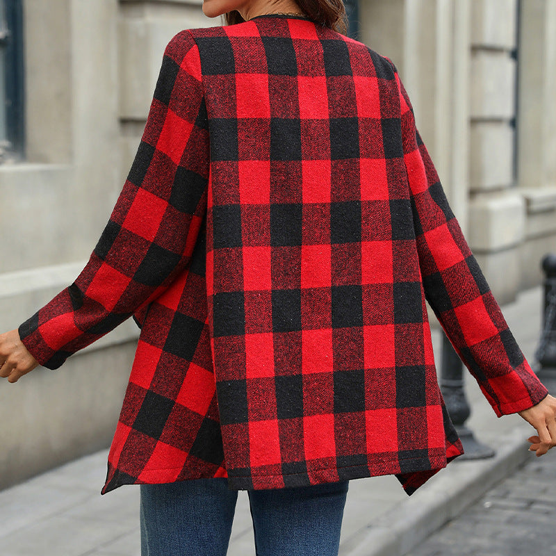 IvyShape | Plaid Irregular Buttonless Long Sleeve Cardigan