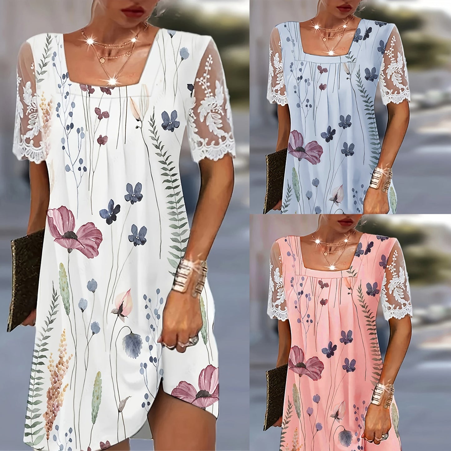 IvyShape | Casual Floral Short Sleeve Loose Mid Skirt Dress