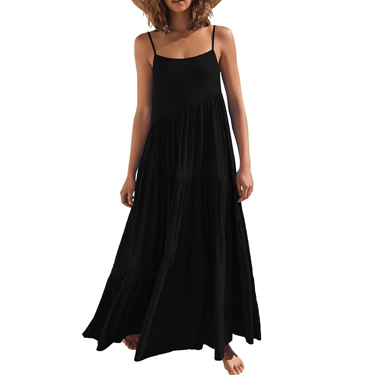 Ladies airy maxi dress with spaghetti straps and stylish layering Ivyshape