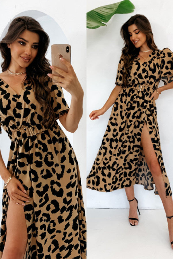 IvyShape | Leopard Print V-Neck Long Sleeve Belted Slit Dress