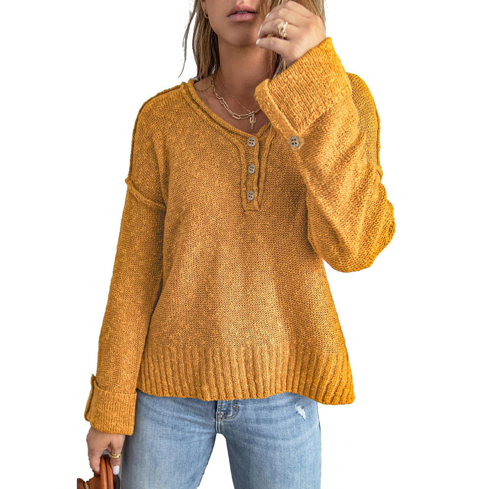 Ladies casual knit sweater with button placket and loose fit Ivyshape
