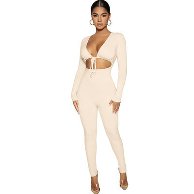Women's fitted jumpsuit with deep V-neck and elegant long sleeves Ivyshape