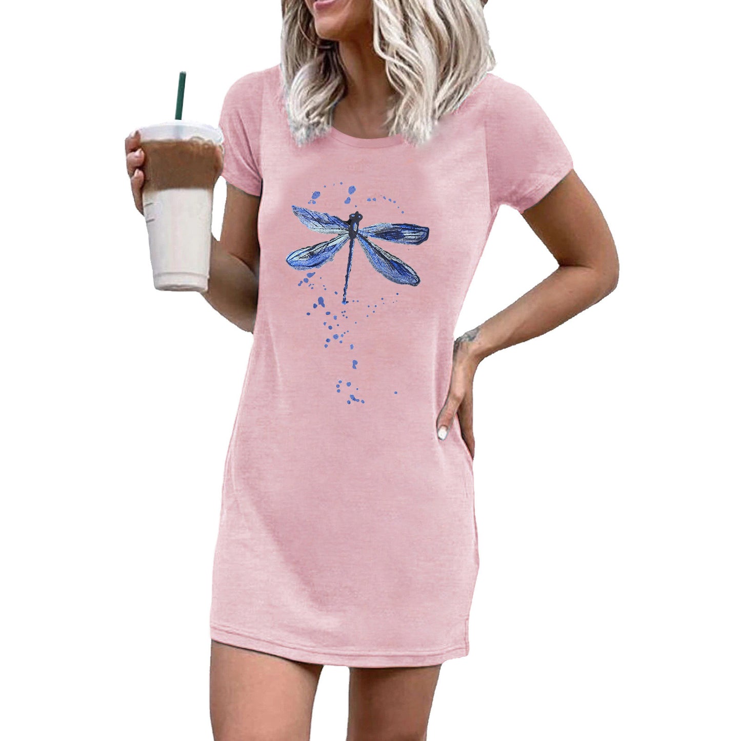 Women Short Sleeve Dress with Creative Dragonfly Motif and Loose Fit Ivyshape