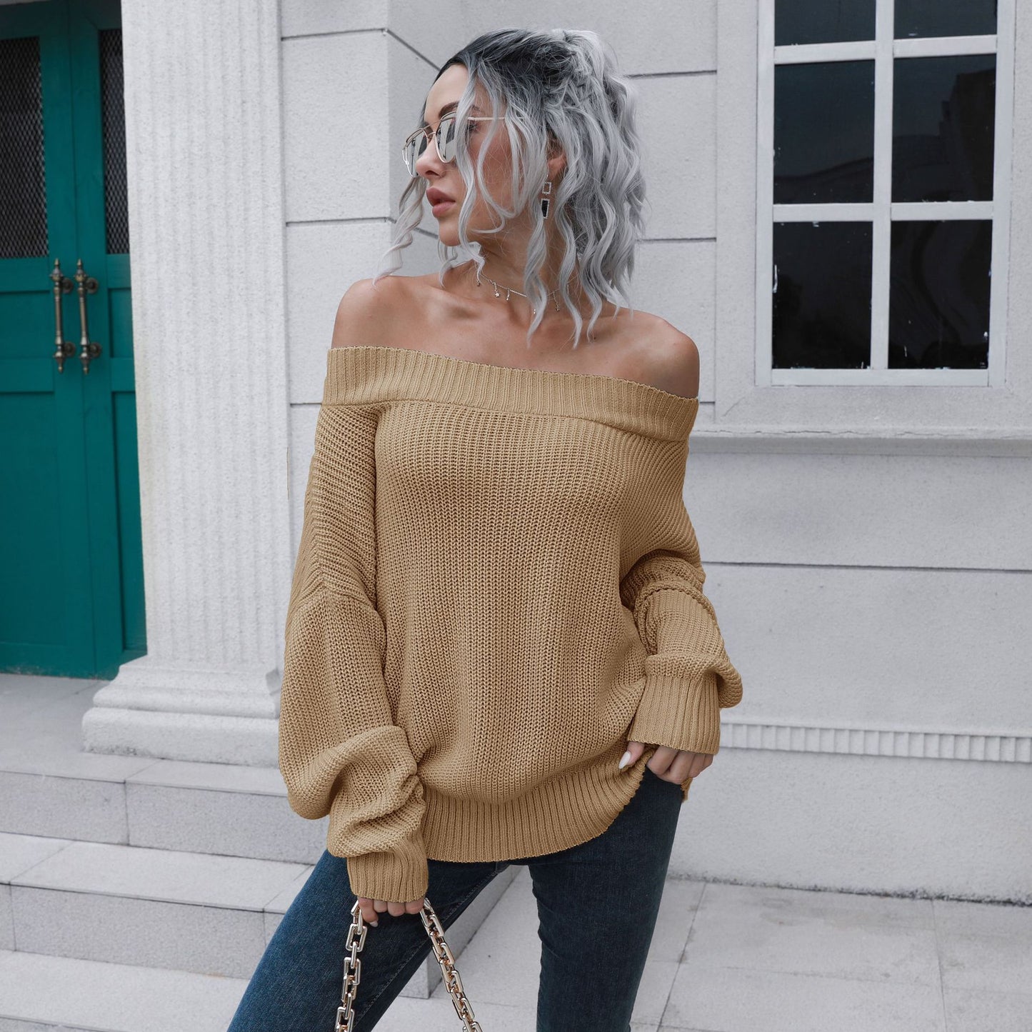 Women's Off-Shoulder Knit Sweater with Casual Cut and Voluminous Sleeves Ivyshape