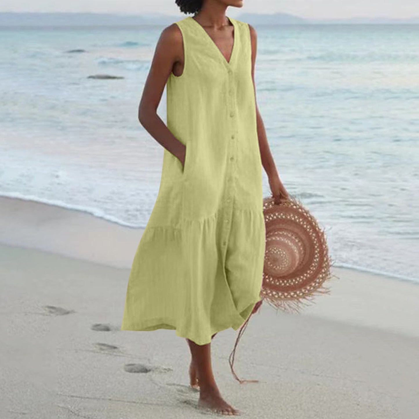 Women's airy maxi dress with button placket and practical pockets Ivyshape
