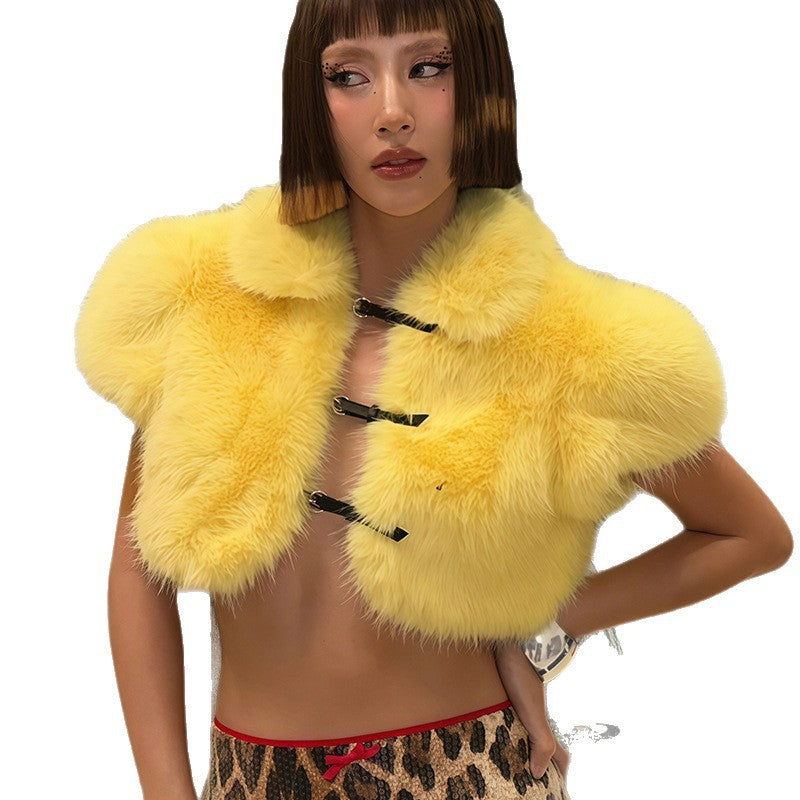 Women Faux Fur Jacket with Short Cut and Decorative Closures Ivyshape