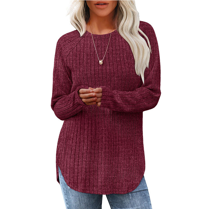 Women casual long sleeve sweater with textured rib design Ivyshape