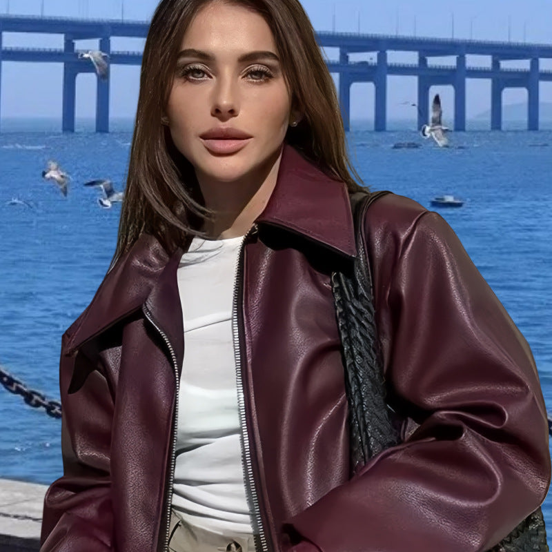 Women Faux Leather Jacket with Stand Collar and Voluminous Sleeves Ivyshape