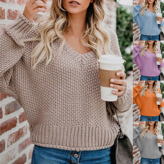 Women's casual V-neck sweater with a loose fit and textured knit Ivyshape