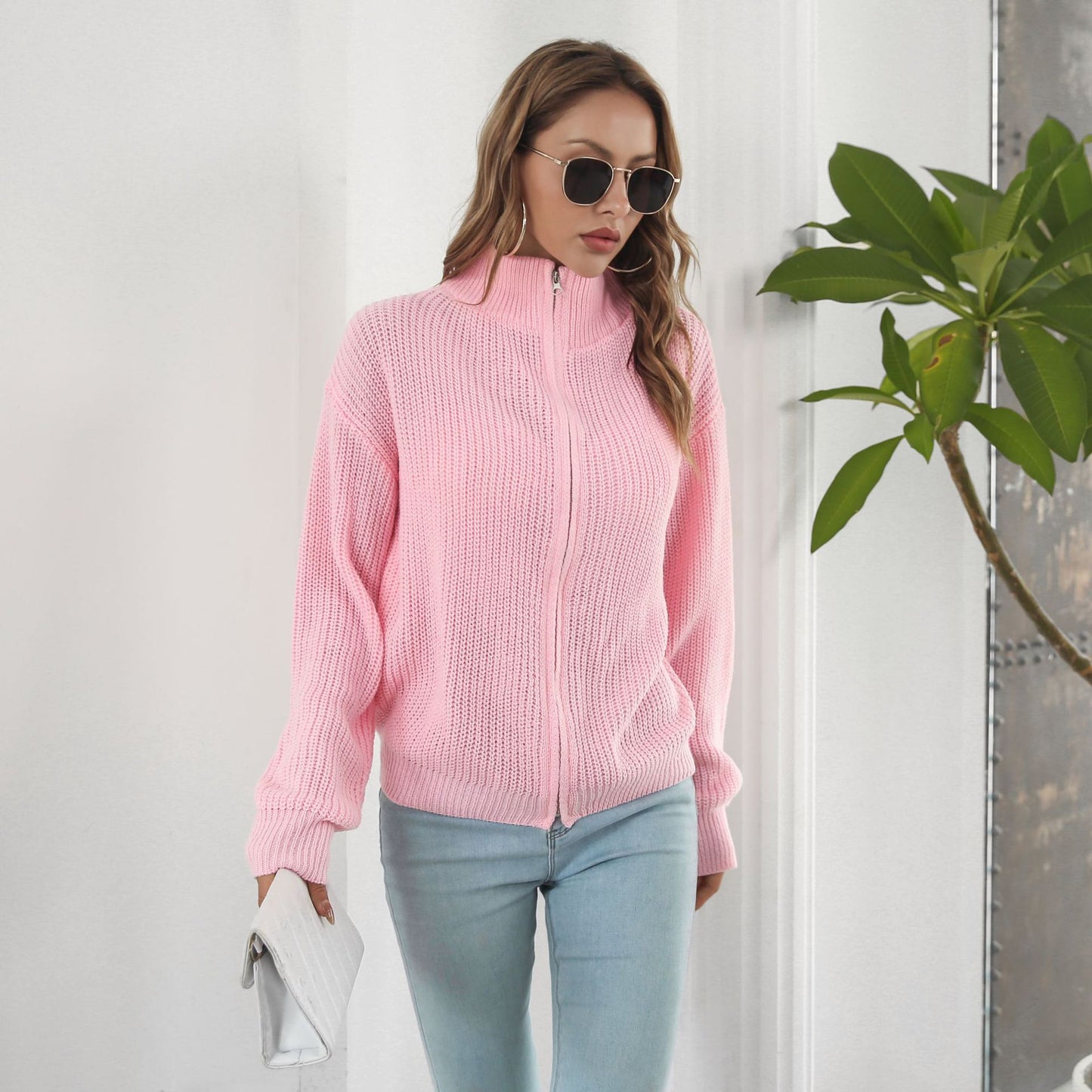 Women's casual knit pullover with high collar and zipper Ivyshape
