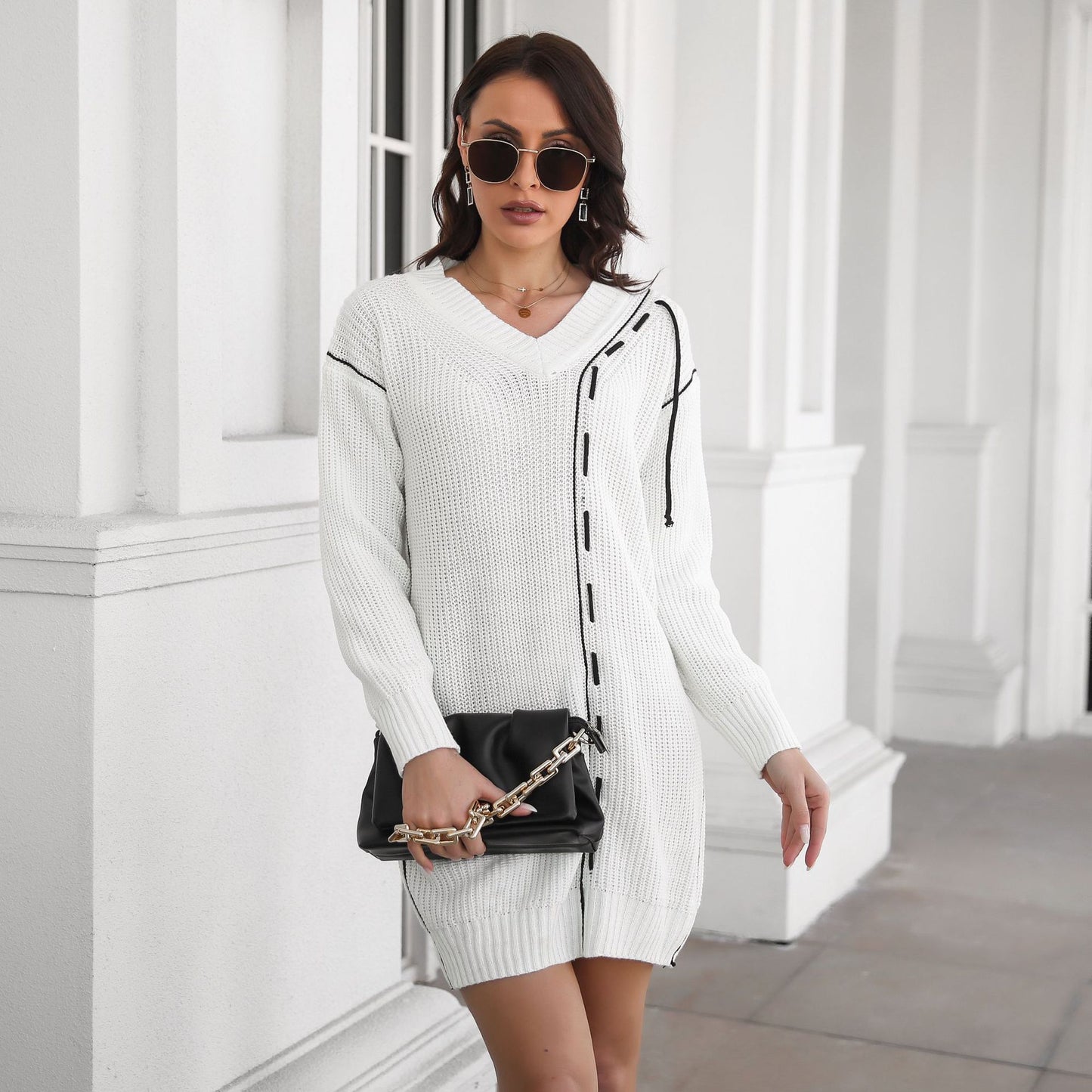 Women Large V-Neck Knit Dress with Decorative Seams Ivyshape