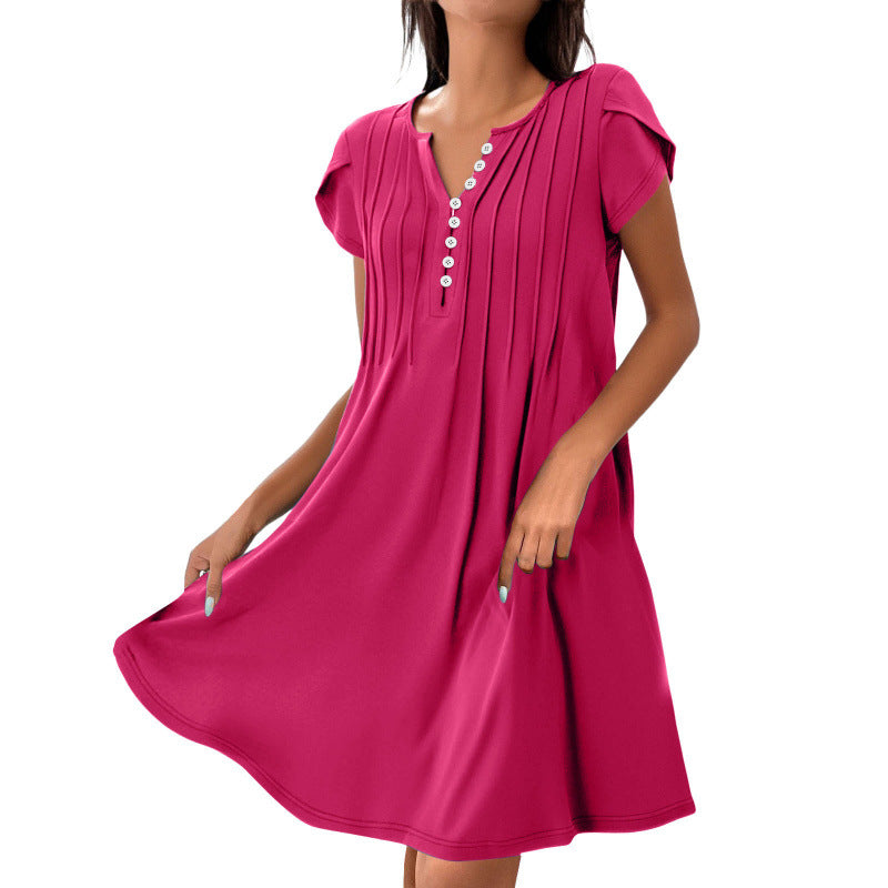 Women's Casual Short Sleeve Dress with Pleated Details and Button Placket Ivyshape