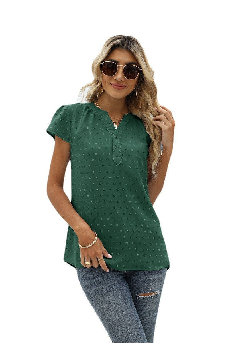 IvyShape | Jacquard Chiffon Loose V-Neck Short Sleeve Top