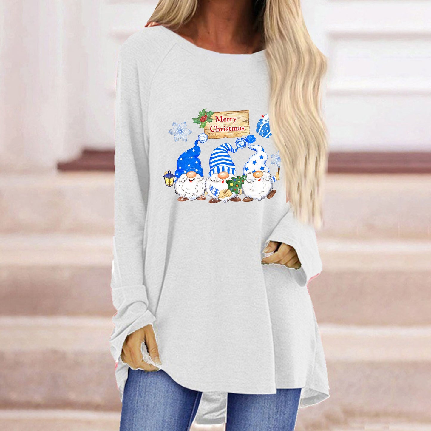 Women Oversized Long Sleeve Shirt with Festive Gnome Motif Ivyshape